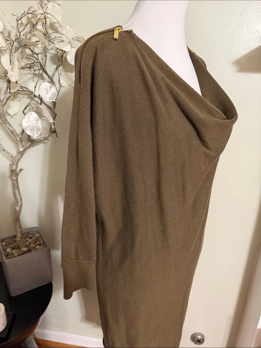 Michael Kors Olive Brown Sweater Dress Long Sleeve Drape Neck